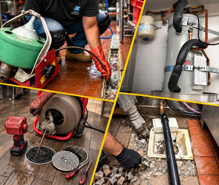 Sedco Plumbing at work: clearing a floor drain, a commercial water heater install, a drum machine on a blocked drain, and a sewer line repair