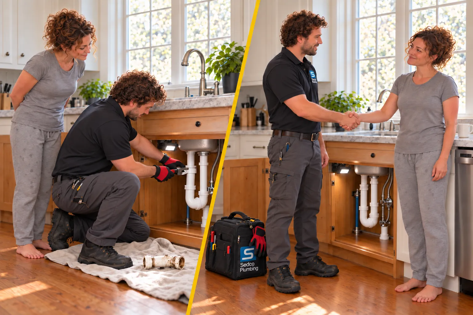 Sedco plumber finishing the repair and shaking hands with the homeowner